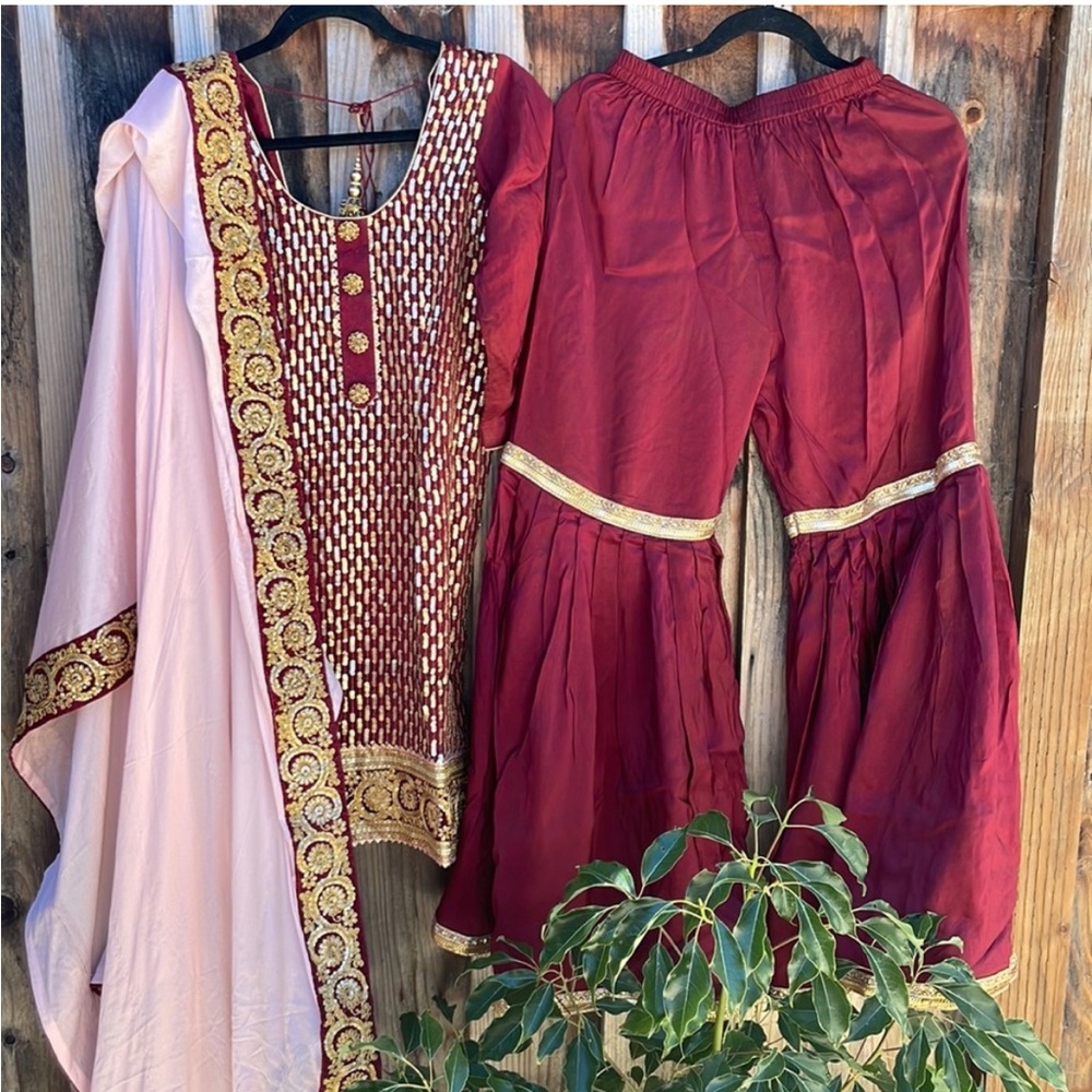 Maroon and Gold Ethnic Ensemble with Dupatta Indian sharara suit